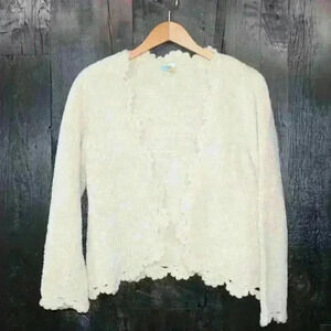 CHENILLE Knit Crochet Creme Super Soft Elegant Boho Cardigan Sweater Women Large